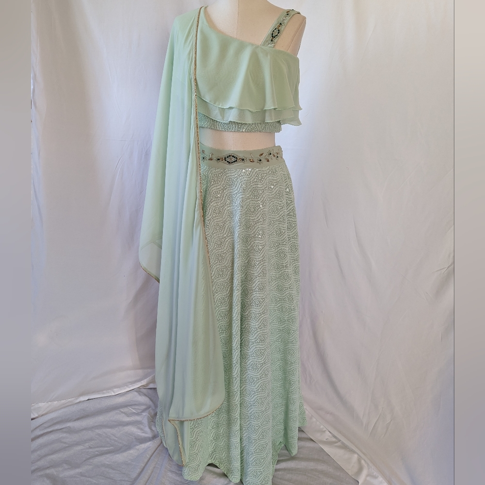 NWT Stylish Mint Green Lehenga Choli set with one side ruffle sleeve